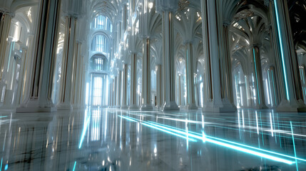 Futuristic cathedral interior with soaring arches, marble columns, and glowing neon lights in a vast, luminous space.