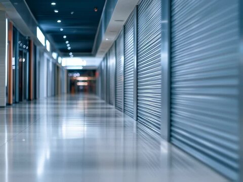 Closed Storefront with Rolling Shutter Gate Inside Shopping Mall &ndash; Retail Business Closure Concept