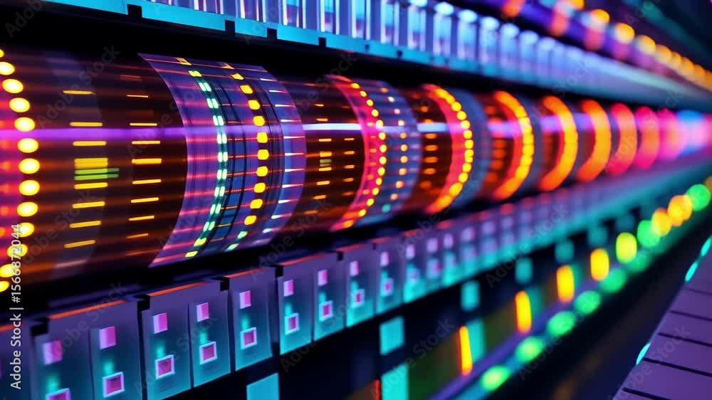 Poster abstract glowing data server in vibrant colors and perspective