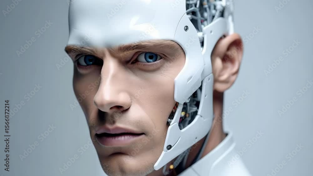 Poster close up portrait of a cyborg with visible mechanical components and human facial features against a