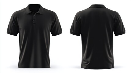 Stunning photo of black men's polo shirt template with front and back views, ideal for graphic design mockups, presented on a white background.