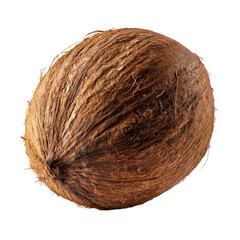 Fresh, whole tropical coconut with a hard, hairy brown shell, isolated on a white background