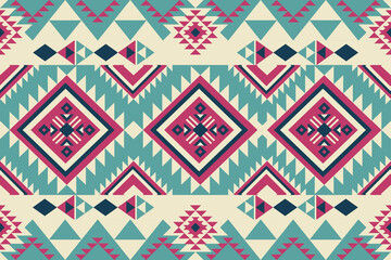 Aztec ethnic seamless pattern in turquoise, cream, and pink with geometric diamond stripes. Ideal for rustic upholstery, folk-inspired clothing, or bohemian decorative prints.