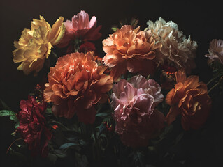 A dark and moody still life photograph of a bouquet of deep red and pink carnations.