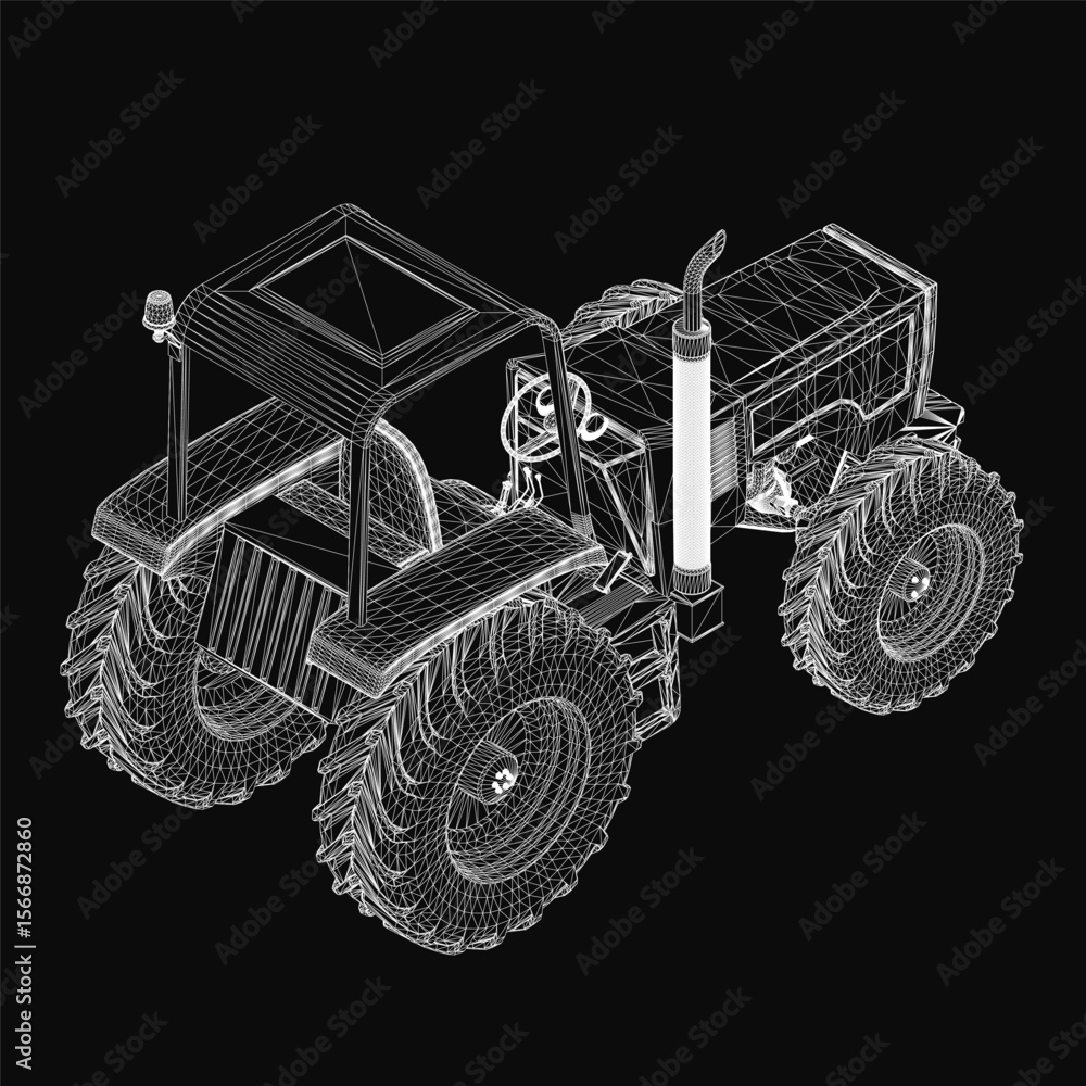 Poster a 3d model of a tractor with detailed mechanical components, showcasing its robust structure and des