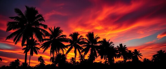 Fiery orange and purple sunset silhouettes palm trees against vibrant sky,   sun,   silhouette