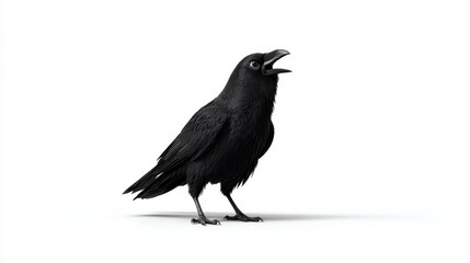 Obraz premium A detailed black crow illustration stands with its beak open against a white background.