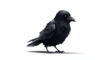 Obraz premium A detailed close-up of a black crow standing on a white background, showcasing its shiny feathers and sharp beak.