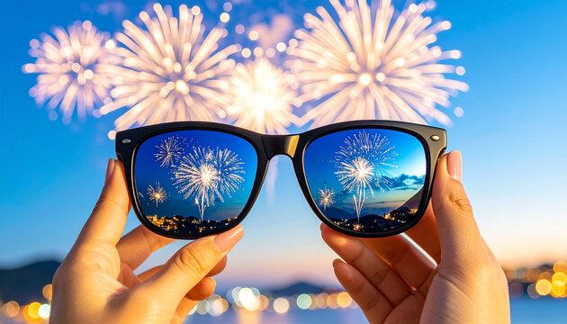 A detailed photo of fireworks reflected in the sunglasses of someone watching the sky, close-up with light flares