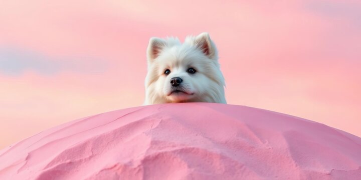 Fluffy white dog's head pops over pink hill, pastel sky,  white,  adorable