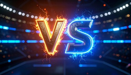 "3D metallic V/S logo with glowing neon edges, floating in a dark futuristic arena background, tech battle theme"
