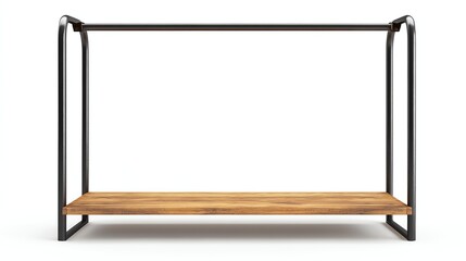 a realistic clothes rack with shelf, wooden base and metal frame, store display furniture, isolated on white background