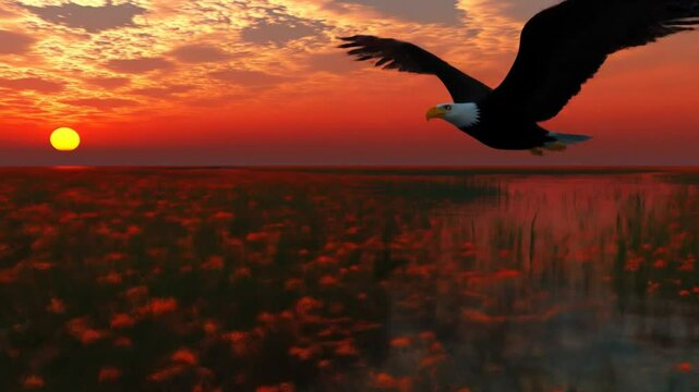 Eagle soars over a sunset landscape