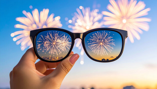 A detailed photo of fireworks reflected in the sunglasses of someone watching the sky, close-up with light flares - Powered by Adobe