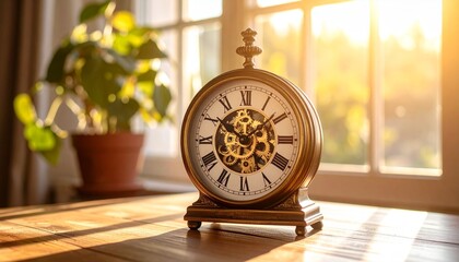 "An antique vintage clock with Roman numerals, intricate golden gears visible inside, placed on a wooden table near a window with soft sunlight streaming in, warm tones, high realism, timeless atmosph