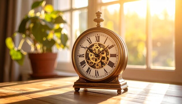 "An antique vintage clock with Roman numerals, intricate golden gears visible inside, placed on a wooden table near a window with soft sunlight streaming in, warm tones, high realism, timeless atmosph
