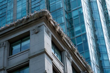 Rooftop nesting birds amidst urban skyscrapers displaying unique coexistence of nature and architecture