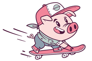 Vector cute Pig cartoon character, riding a skateboard, cool and energetic expression, urban street art style hint, dynamic lines, isolated on white background
