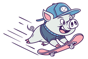 Vector cute Pig cartoon character, riding a skateboard, cool and energetic expression, urban street art style hint, dynamic lines, isolated on white background