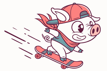 Vector cute Pig cartoon character, riding a skateboard, cool and energetic expression, urban street art style hint, dynamic lines, isolated on white background