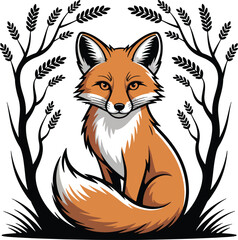 Obraz premium Vibrant Cartoon Fox Illustration Surrounded by Foliage