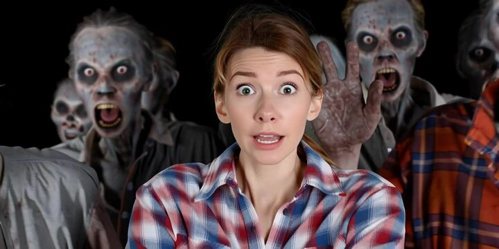 A woman takes a selfie during a zombie apocalypse