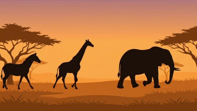 Orange sky in the steppe with animal silhouettes 