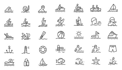 Water sports and recreation icon set with adjustable line weight, depicting lake, ocean, river, pool activities like swimming, snorkeling, sailing, kayaking, paddleboarding, beach fun
