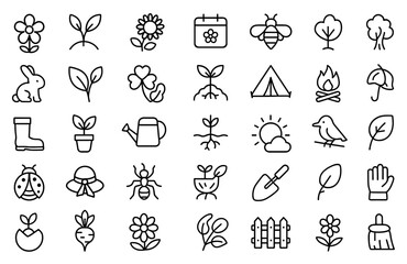 Spring Bloom Vector Icon Set   Nature, Gardening & Outdoor Symbols   Adjustable Line Weight   Flower, Butterfly, Bee, Bunny, Leaf, Clover, Picnic, Growth, Camp, Garden Icons © aura studio