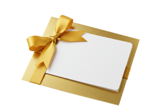 Blank transparent gift tag with rounded corners layered on textured gold card, lustrous golden satin bow and ribbon, isolated on seamless transparent background with copy space, clean studio