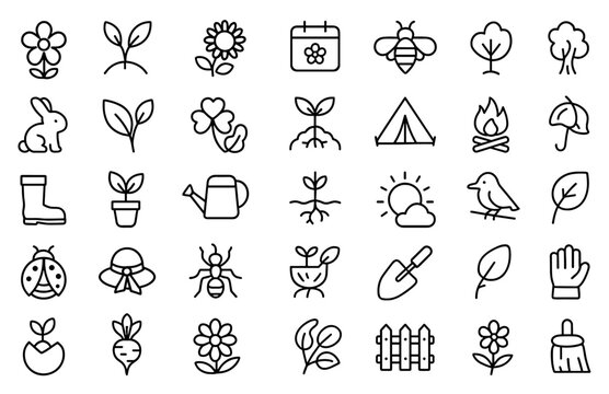Spring Bloom Vector Icon Set | Nature, Gardening & Outdoor Symbols | Adjustable Line Weight | Flower, Butterfly, Bee, Bunny, Leaf, Clover, Picnic, Growth, Camp, Garden Icons