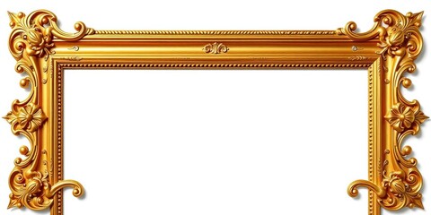 Ornate antique gold corner frame, isolated on white background, white, gilding