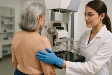 Obraz premium Medical Professional's Empathetic Care: A compassionate healthcare provider guides a senior woman through a mammogram, highlighting the crucial process of early detection in a clinic environment.
