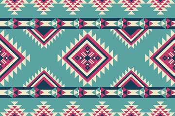 Native American style tribal seamless pattern with bold turquoise and pink diamond shapes in horizontal stripes. Perfect for traditional textiles, home decor, and fashion design.
