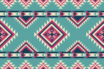 Native American style tribal seamless pattern with bold turquoise and pink diamond shapes in horizontal stripes. Perfect for traditional textiles, home decor, and fashion design.
