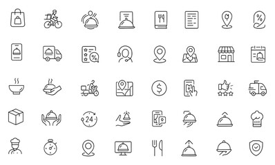 Vector Food Delivery Icon Set | Adjustable Line Weight | Fast takeaway, bicycle courier, shopping bag, menu, mobile app, discount, van, review, support, order, logistics, tracking