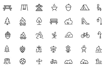 Park Outdoor Vector Icon Set | Adjustable Line Weight | Nature Playground Bench, Picnic, Swing, Carousel, Fire, Tent, Pinecone, Barbecue, Trail, Garden, Recreation, Family Fun, Trees