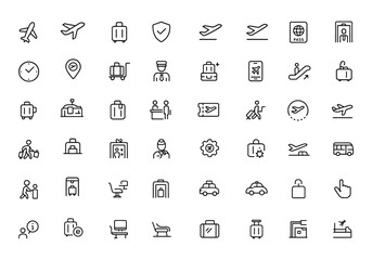 Flight and Travel Icons Vector Set – Airport Luggage, Security, Boarding, Terminal, Passport, Airline Symbols for Travel Apps, Website UI, Aviation, Departure & Arrival Signs,