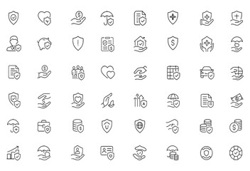 Insurance Icon Set Vector | Adjustable Line Weight | Finance, Protection, Health, Savings, Policy, Claim, Coverage, Umbrella, Shield, Home, Document, Secure, Risk, Premium