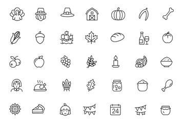 Thanksgiving icon set with adjustable line weight, featuring turkey, pilgrim hat, autumn harvest symbols, cornucopia, cranberry, pumpkin, and festive American holiday vector design
