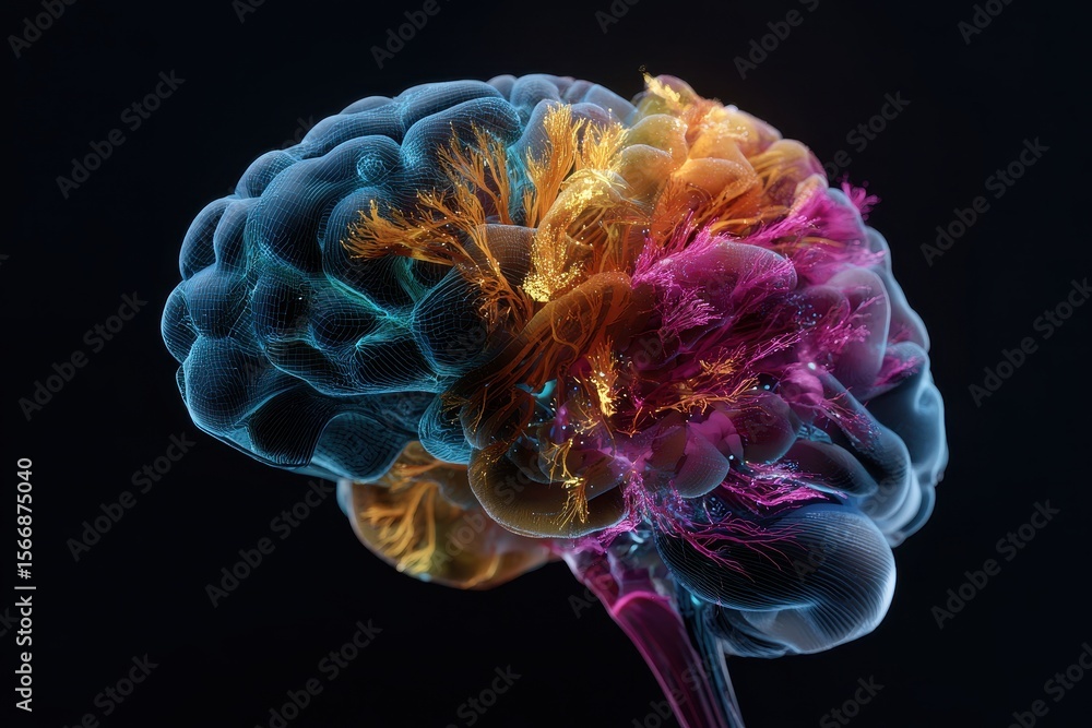 Poster colorful abstract representation of a human brain showcasing neural connections and activity during 