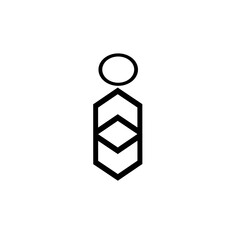 Minimalist black geometric icon featuring a circle on top of a vertical stack of three diamond-shaped outlines within a hexagonal frame, resembling an abstract human figure or symbolic design.
