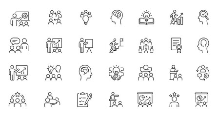 Workshop Training Icon Set – Editable Line Weight, Teamwork, Collaboration, Learning, Coaching, Skills, Presentation, Growth, Development, Leadership, Strategy, Empowerment, Success