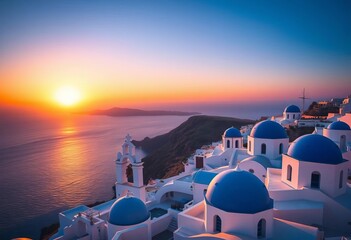 Santorini sunset, whitewashed houses, blue domes, Aegean Sea, caldera view,  travel,  church © Saowanee