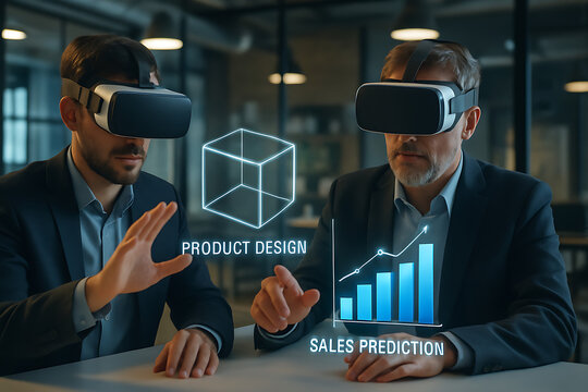 Two businessmen use virtual reality headsets to interact with product design and sales prediction data