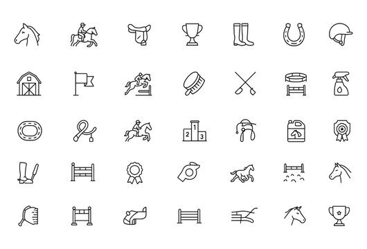 Equestrian Vector Icon Set with Adjustable Line Weight – Horse Rider, Saddle, Trophy, Helmet, Boots, Fence, Stirrups, Medal, Stable, Jump, Grooming & Competition Icons, Racing, Training