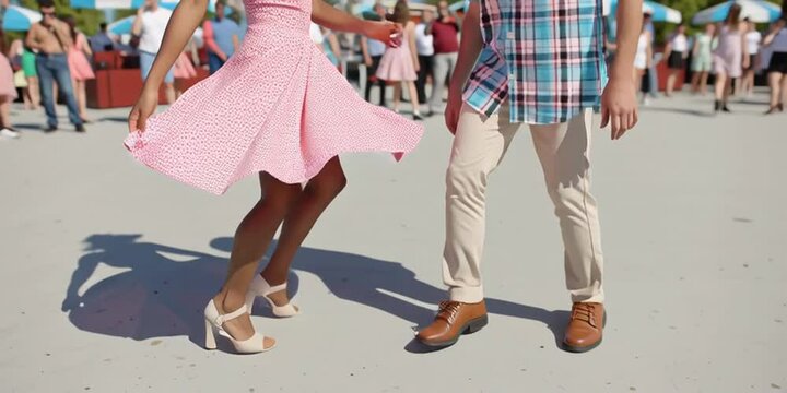A  young interracial couple is swing dancing in the swap meet
