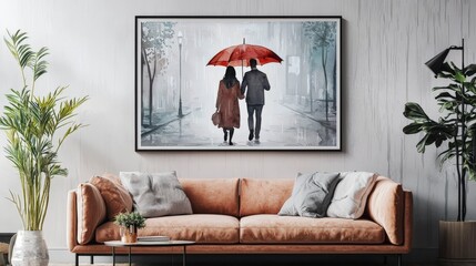 Painting of a couple is walking in a street with umbrella wall art in living room