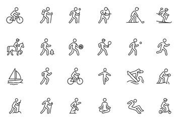 Active Lifestyle Sports Icon Set – Adjustable Line Weight Vector | Outdoor Fitness, Cycling, Hiking, Skateboarding, Tennis, Golf, Skiing, Kayaking, Horseback Riding, Recreation, Wellness, Exercise
