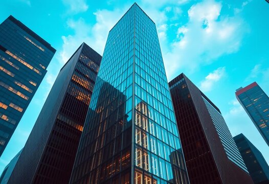 Sleek, glass skyscraper; vertical lines dominate, urban backdrop, building, image